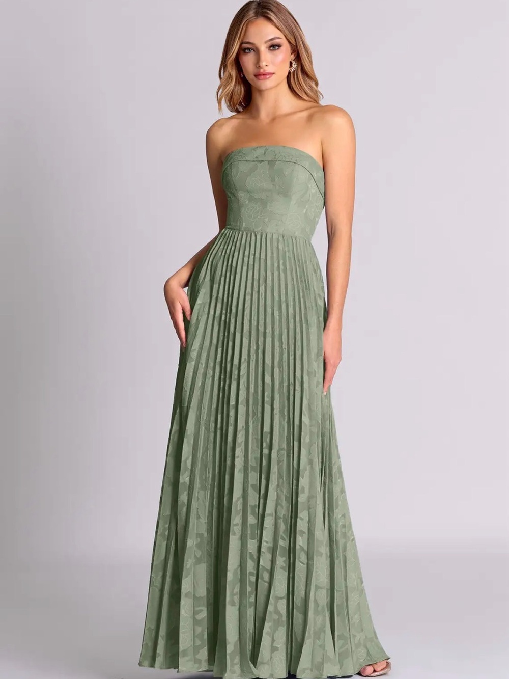 Azazie Mariana Sage Green Strapless Pleated Gown in Agave